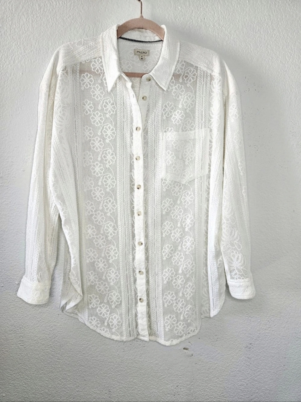 Anthropologie PILCRO Sheer Floral Lace Button Down Shirt Pocket White Medium